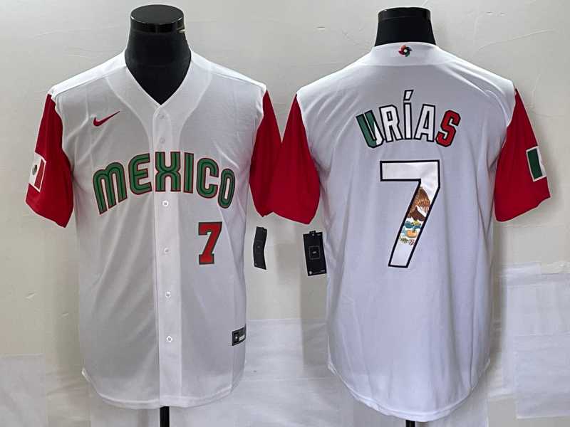 Men's Mexico Baseball #7 Julio Urias Number 2023 White Red World Classic Stitched Jersey10